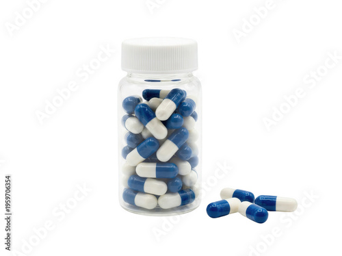 Blue and white capsules in a clear bottle isolated, medication pills for healthcare and pharmaceutical use on no background