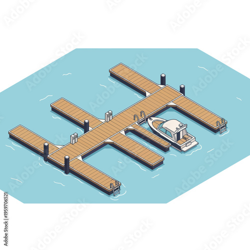 Isometric Illustration of a Boat Dock with a Small Boat.
