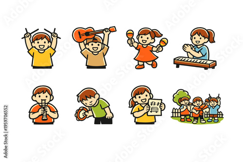 A Cheerful Ensemble of Children Engaged in Various Musical Activities, Showcasing Their Joyful Expressions and Love for Music and Performance.