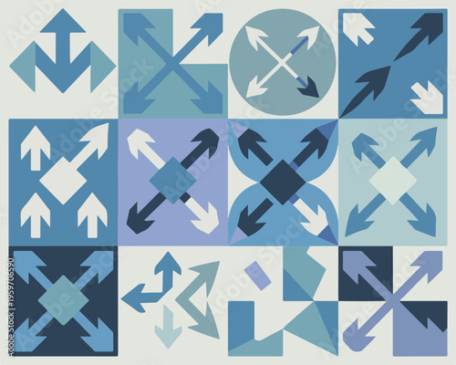 Geometric abstract pattern with arrows in shades of blue and teal on light background
