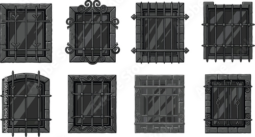 Set of various old barred windows with dark stone frames and ornate metal grilles isolated on white for game assets or architectural design