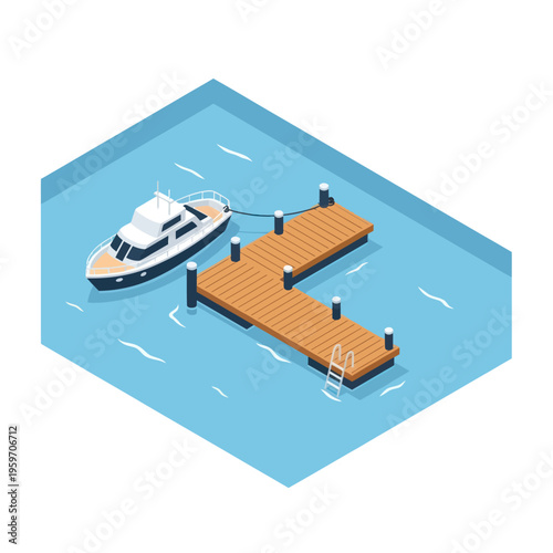 Isometric View of Docked Boat and Wooden Pier.