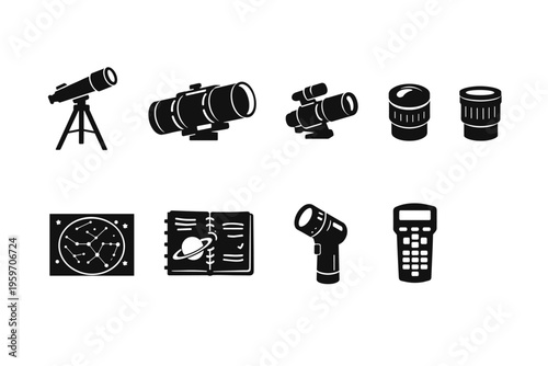 Collection of Astronomical Instruments and Tools Including Telescopes, Star Maps, and Calculators for Stargazing and Exploring the Universe