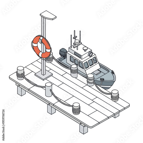 Isometric Illustration of a Boat Docked at a Pier.