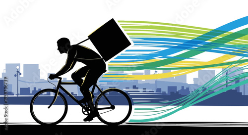 Delivery man riding bicycle with large box on back through cityscape with colorful streaks