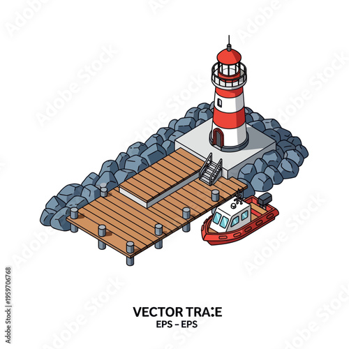 Isometric Lighthouse Scene with Dock and Boat Illustration.