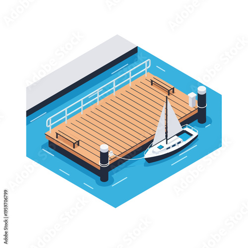 Isometric View of Dock with Sailboat Moored Alongside.