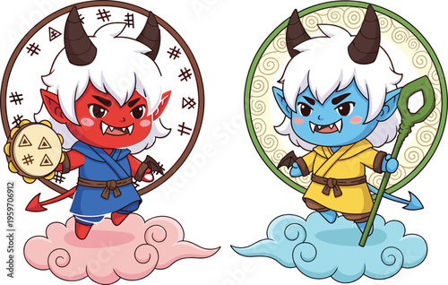 Adorable chibi red and blue Japanese Oni demons set with horns and white hair floating on colorful clouds for traditional cultural folklore illustration