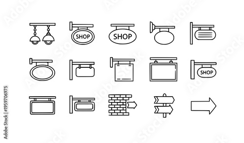 Shop signage outline icon collection with vintage and modern hanging signboards for web and UI design isolated on white