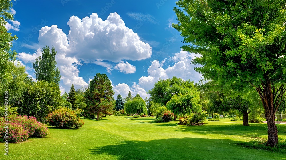 Fototapeta premium Sunlit Serenity: Lush Green Park with Vibrant Floral Landscapes