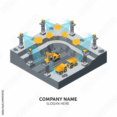 Isometric illustration of an advanced mining operation utilizing laser surveying technology for precision excavation and material transport.
