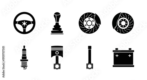 Car engine and parts icons set including steering wheel battery spark plug