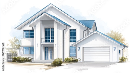 Modern two-story house with blue roof, white facade, large windows, and surrounding greenery