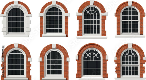 Set of classic arched windows with brick and stone surrounds ideal architectural elements for building design and renovation projects