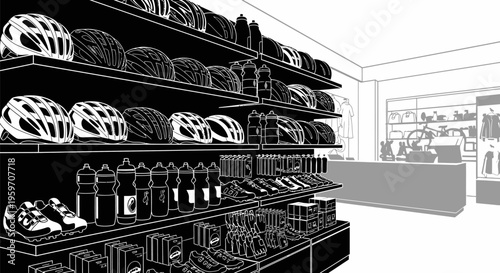 Bicycle helmets and accessories on shelves in a sports store interior with a modern design