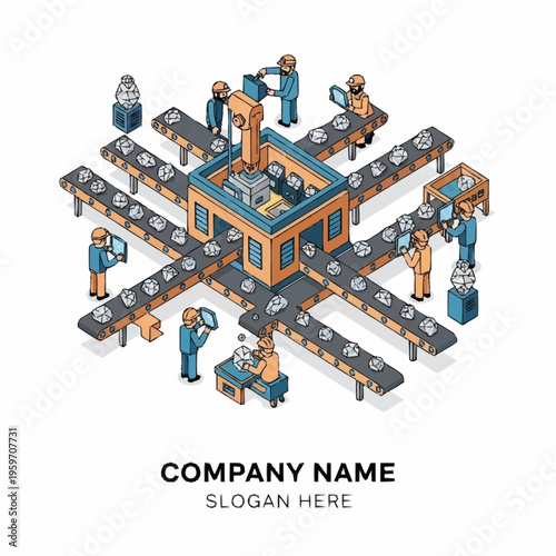 Isometric view of a modern automated factory assembly line with robotic arms and workers overseeing production.