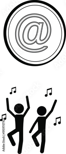 Two dancing figures with musical notes celebrating email communication isolated on transparent background

