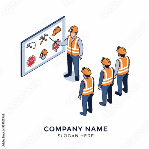 Construction safety training session with instructor pointing at safety equipment on a whiteboard for workers.