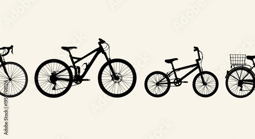 Four black bicycle silhouettes in different styles on beige background