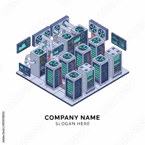 Isometric illustration of a data center with servers, cooling systems, and monitoring displays.
