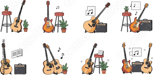 Guitar setup illustrations with amplifier stool plants and music notes cozy studio scene musical vector collection