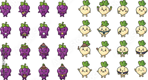 Cute kawaii turnip and radish vegetable characters set with funny expressions hand drawn cartoon style healthy food illustration isolated on white background
