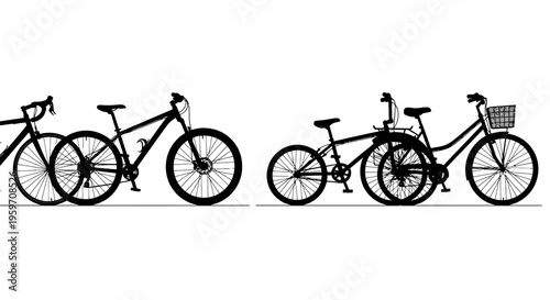 Three bicycles in a row on white background with basket