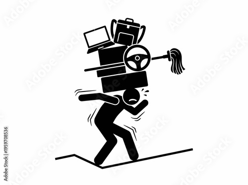 Overburdened stick figure struggling to balance heavy load of work and life items on head, symbolizing stress and overload.