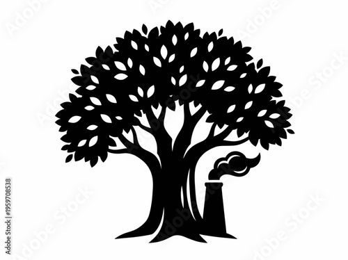 Industrial impact on nature: a mature tree with a factory chimney integrated into its trunk, emitting smoke, symbolizing deforestation and pollution.