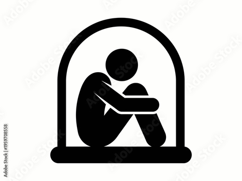 Solitary stick figure curled up inside a glass dome, symbolizing isolation, loneliness, and mental health struggles in a confined space.