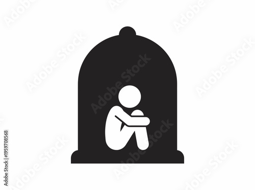 Small white stick figure huddled in a dark, enclosed space under a glass dome, representing feelings of isolation and mental distress.
