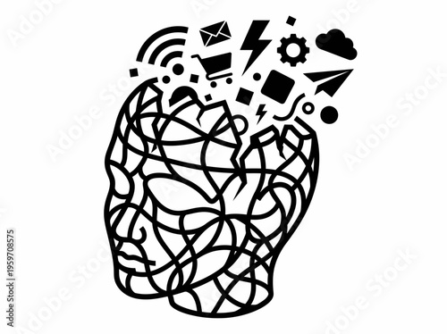 Abstract human head silhouette filled with digital icons representing information overload and technology, symbolizing data processing and mental clutter.