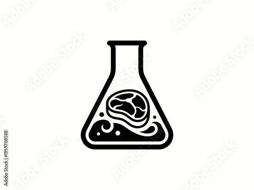 Steak inside a laboratory flask with bubbles, symbolizing lab-grown meat, cultured beef, and the future of sustainable food production and biotechnology.