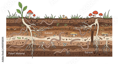 A detailed vector illustration of soil layers with roots, worms, and fungi in a cross-section view.