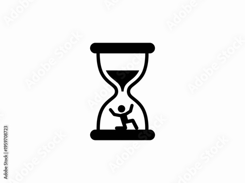 Black icon of an hourglass with a small, distressed figure inside, symbolizing the pressure of time, urgency, or a race against the clock.