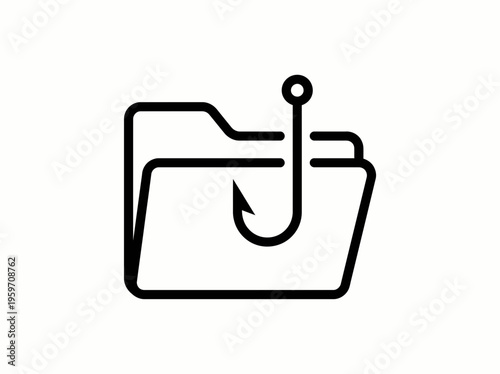 Digital security concept: A fishing hook pierces a folder icon, symbolizing the risk of data theft and cyberattacks on sensitive information.