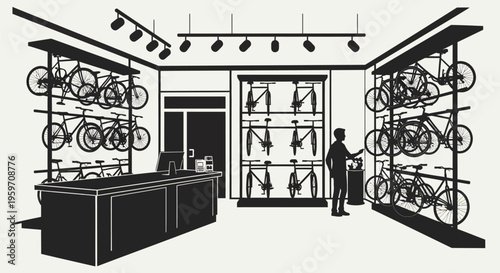 Man in bicycle shop with various bikes on display racks and counter