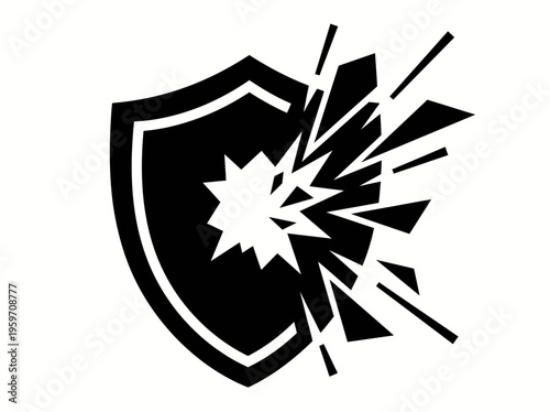 Broken shield icon representing compromised security, data vulnerability, and system failure in cybersecurity and digital protection concepts.