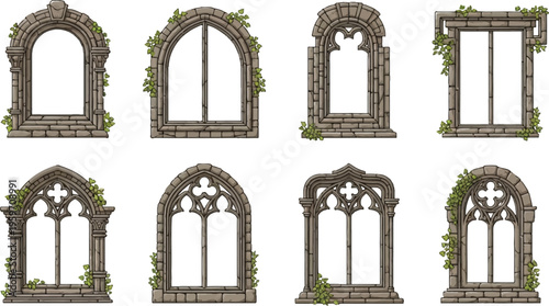Set of gothic stone window frames adorned with ivy and featuring medieval architectural details isolated on white for fantasy and historical designs