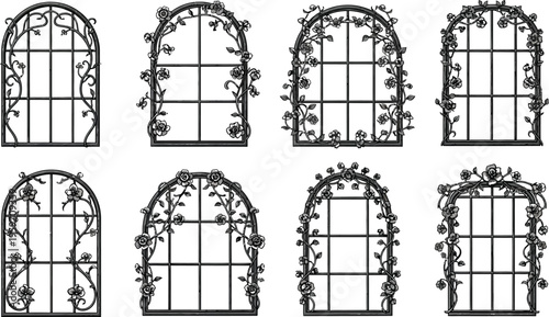 Collection of elegant arched window or gate designs featuring intricate wrought iron patterns and climbing floral vines ideal for vintage decor and graphic design projects