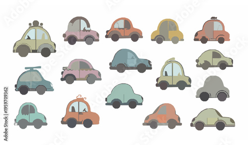 Creative Kids Cartoon Car Set with Rounded Shapes and Decorative Fun Vehicle Designs Vector