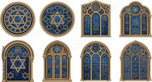Collection of ornate stained glass windows and rosettes featuring the Star of David in blue and gold perfect for religious architectural or cultural design projects