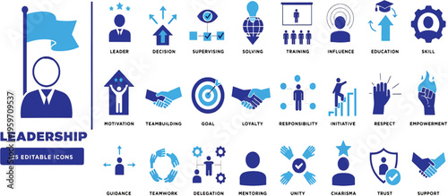 Leadership icon set with 25 vector icons. Management, motivation, teamwork, delegation, training, mentoring, trust and influence symbols for HR, corporate leadership, business UI, web
