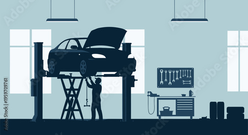 Mechanic working on a car in a garage with tools and equipment