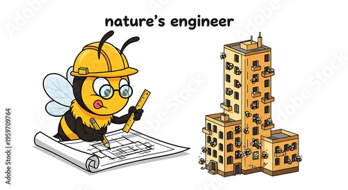 A cartoon bee wearing a hard hat and holding a pencil is designing a building as nature's engineer.