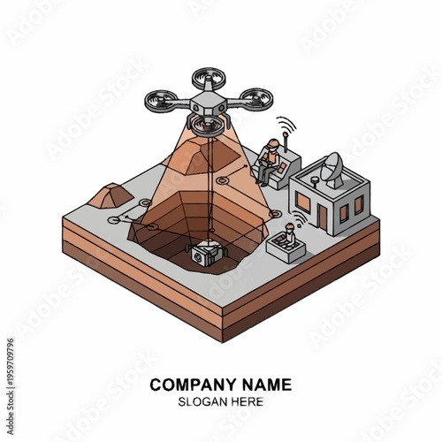 Isometric illustration of a drone surveying a mine excavation site with control center and equipment.