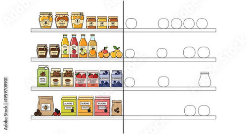 A colorful vector illustration of a grocery store shelf stocked with various food items and empty spaces for shopping