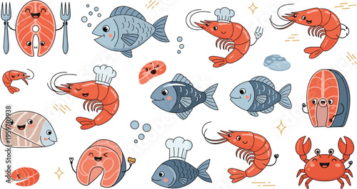 Cute seafood cartoon illustrations set with shrimp fish crab sushi salmon and cooking characters colorful vector collection
