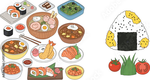 Hand drawn Japanese food set including sushi ramen tempura onigiri sashimi miso soup and traditional Asian cuisine dishes isolated vector illustration