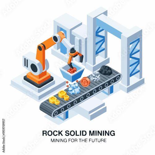 Automated robotic arm sorting and processing minerals and raw materials on a conveyor belt in a modern industrial facility.